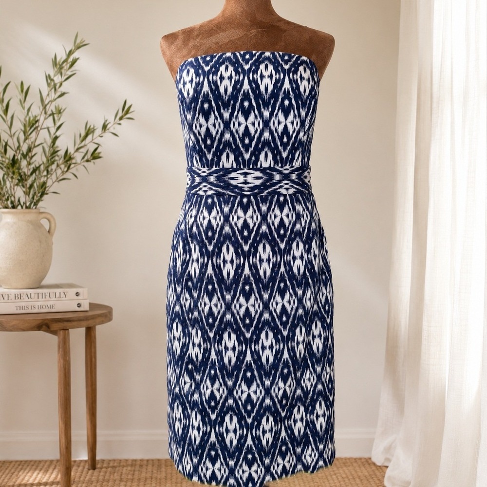 Banana Republic Dress Women 4 Navy White Ikat Strapless Lined EUC Vacation
